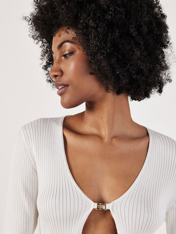 Ribbed Knit Front Clip Cardigan, Cream, large