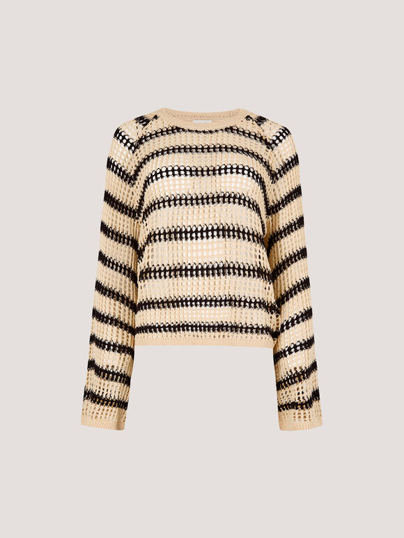 Stripe Mesh Knit Bell Sleeve Jumper, Stone, large