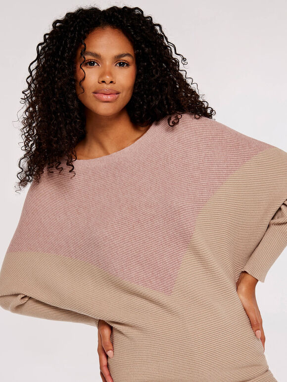 Chevron Ribbed  Batwing Jumper, Pink, large