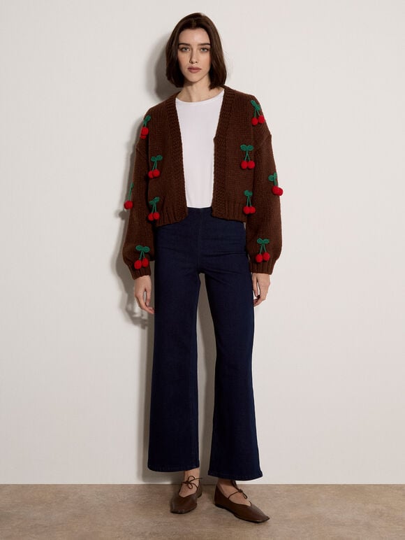 Chunky Knit Cherry Cardigan, Brown, large