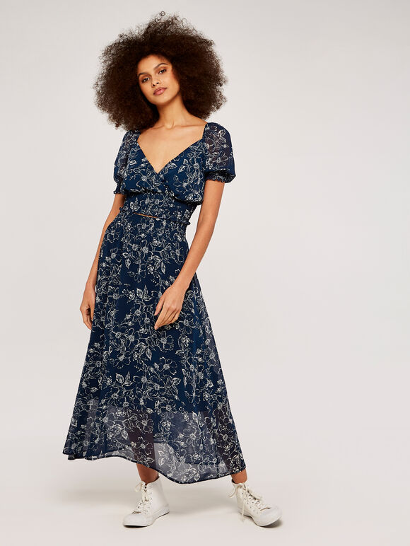 Floral Puff Sleeve Top, Navy, large
