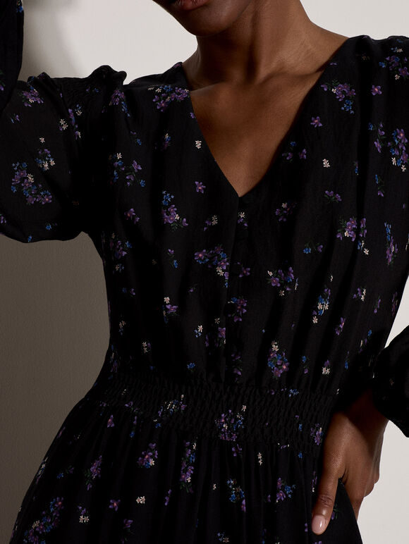Vintage Floral Smocked Midi Dress, Black, large