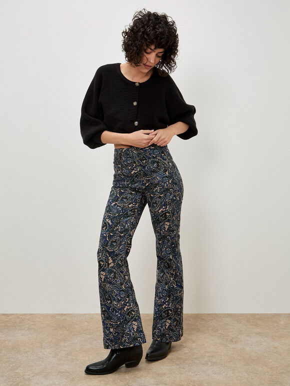 Paisley Print High Waist Flare Jeans, Blue, large