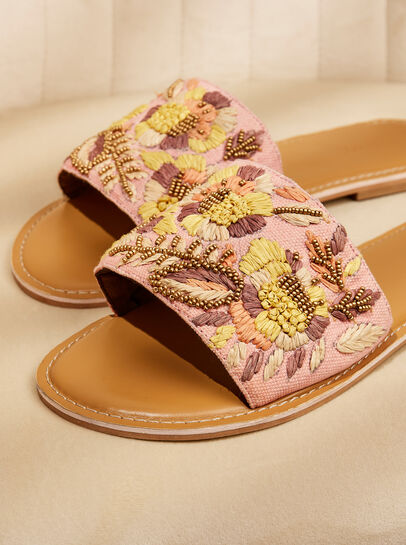 Embroidered Canvas And Leather Sandals
