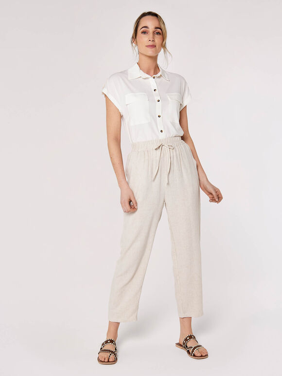 Linen Blend Cropped Trousers, Stone, large