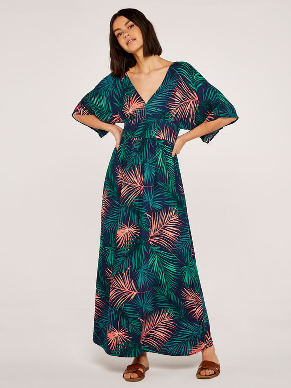 Tropical Leaf Maxi Dress, Navy, large