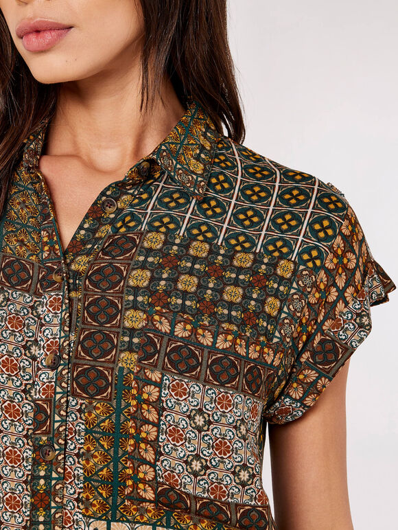 Patchwork Shirt Mini Dress, Green, large