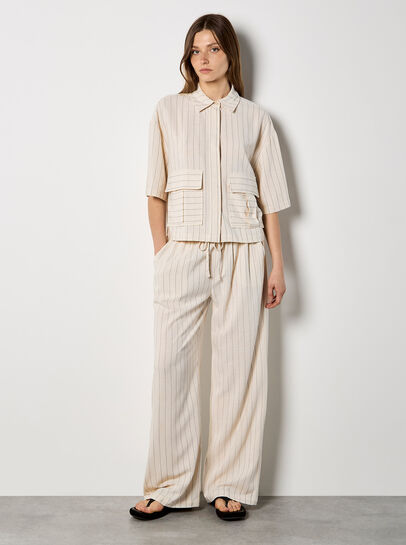 Pinstripe Linen Blend Wide-Leg Trousers