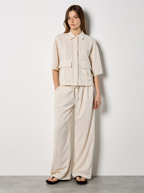 Pinstripe Linen Blend Wide-Leg Trousers