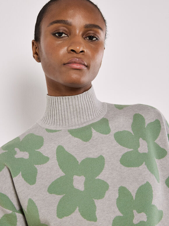 Flower Oversized Mock Neck Jumper, Grey, large