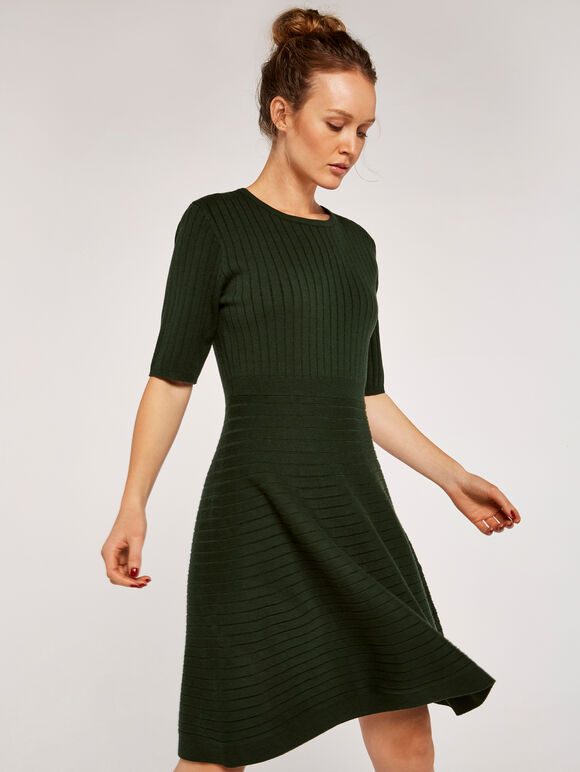 Ribbed Skater Dress, Green, large