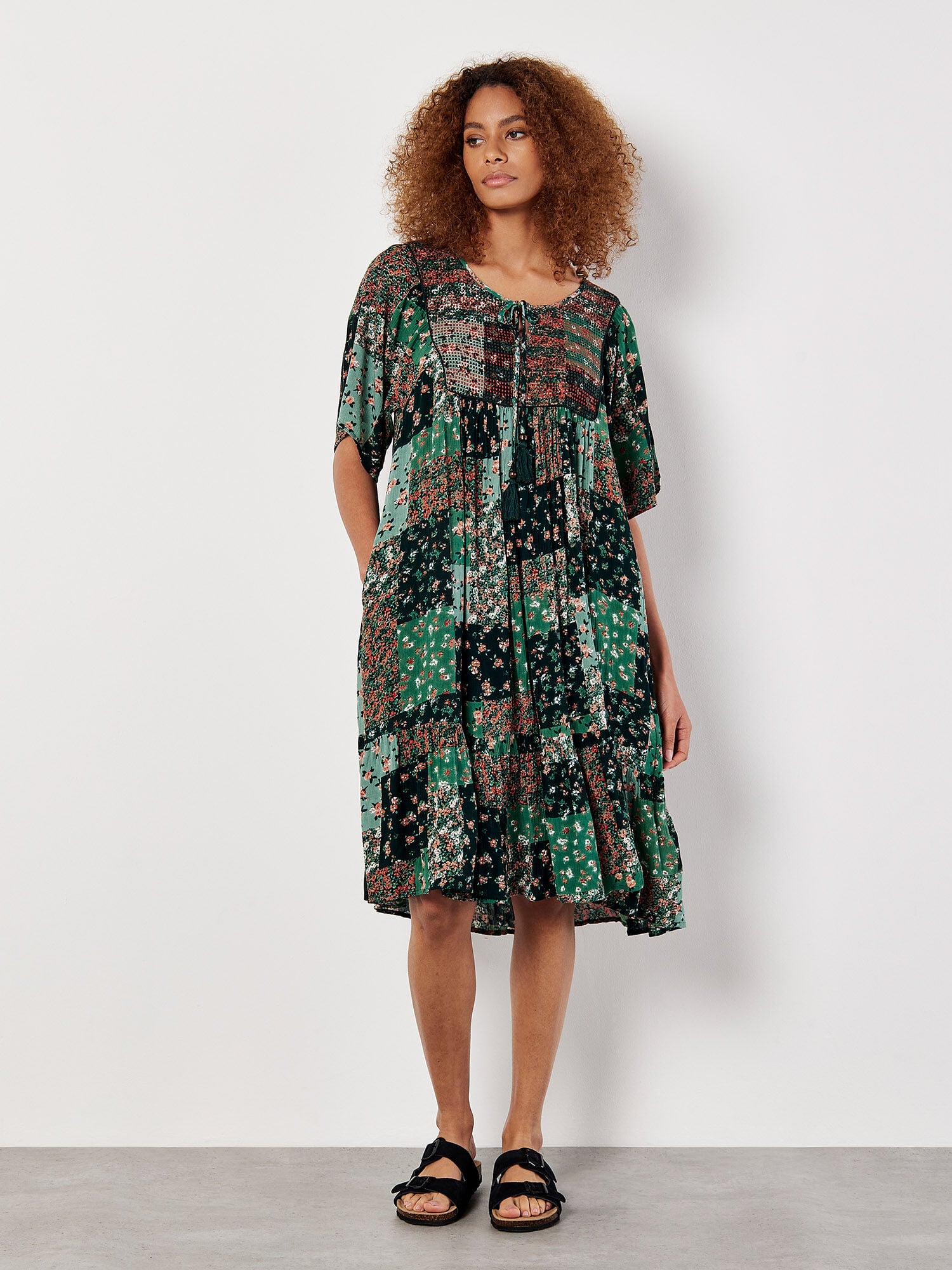Patchwork Print Crinkle Mini Dress | Apricot Clothing