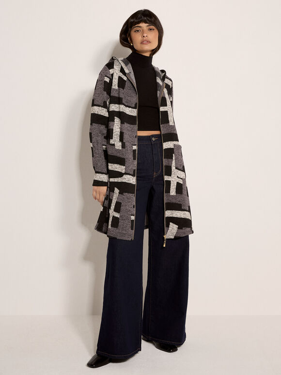 Geometric Knitted Zip-Down Cardigan, Dark Grey - Charcoal, large