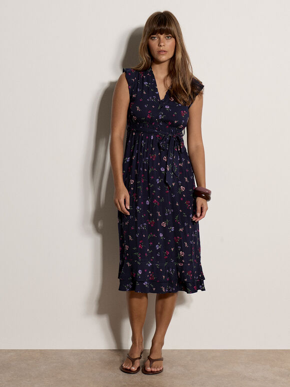 Ditsy Floral Ruffle Midi Dress, Navy, large