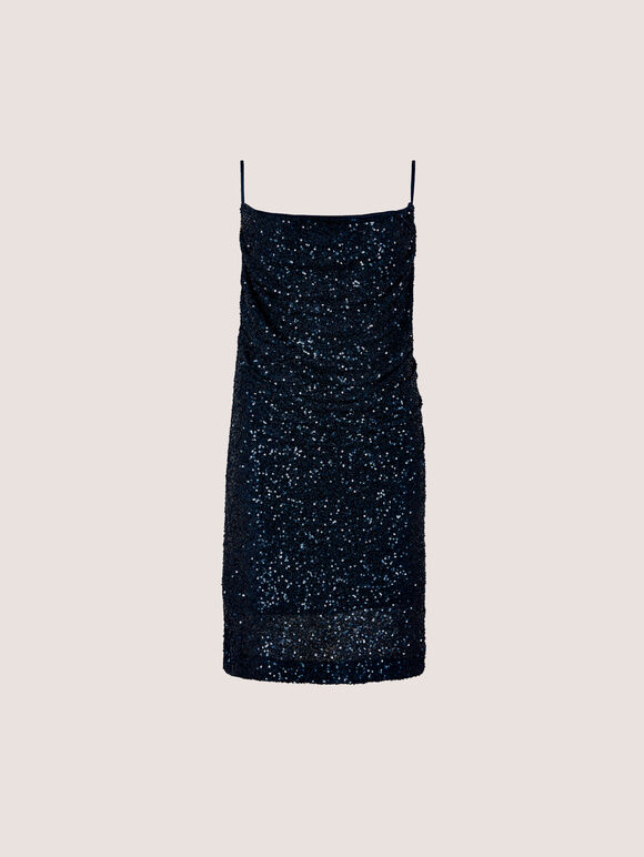 Sequin Ruched Cami Mini Dress, Navy, large