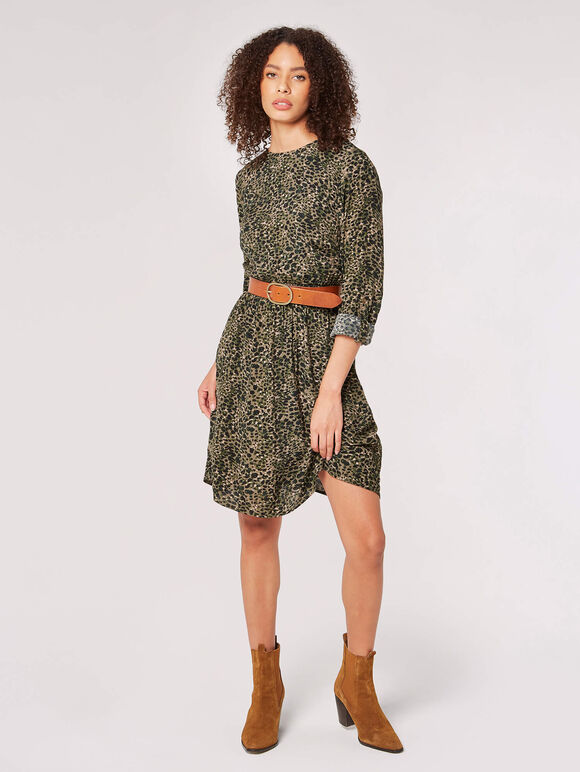 Animal Smocked Waist Mini Dress, Khaki, large