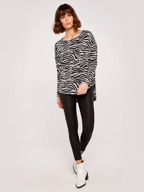 Zebra Curved Hem High Low Top, Grey, large