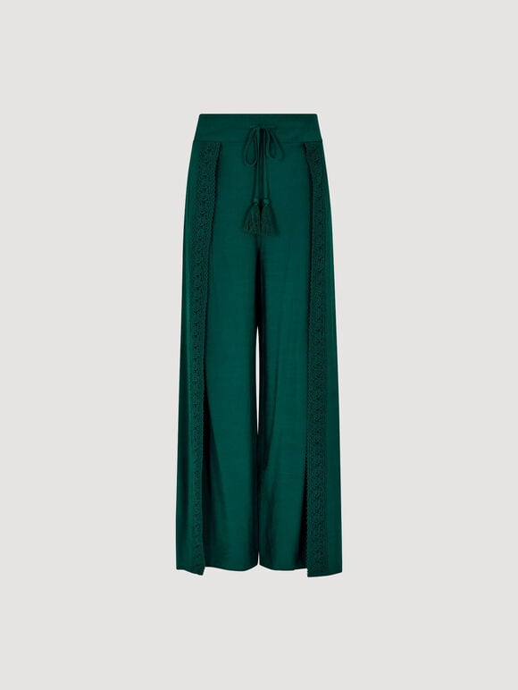 Lace Detail Front Split Wrap Trousers, Green, large