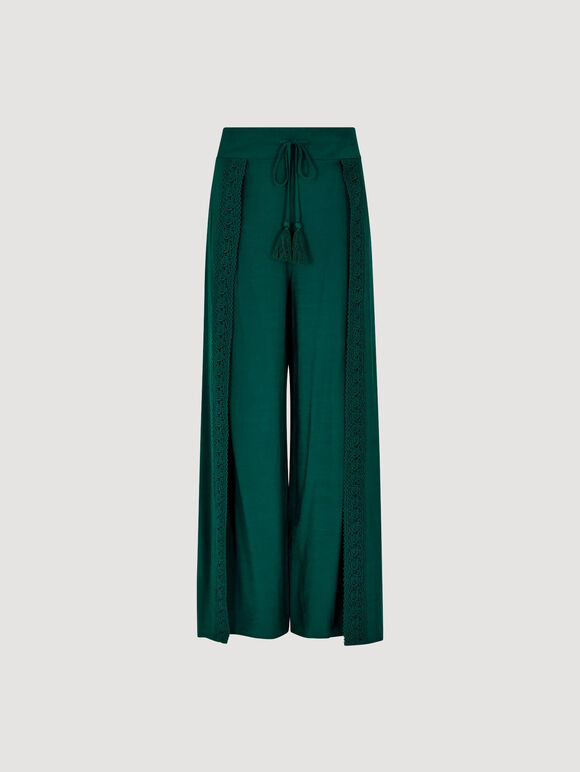Pantalon portefeuille fendu sur le devant avec détails en dentelle, Vert, large