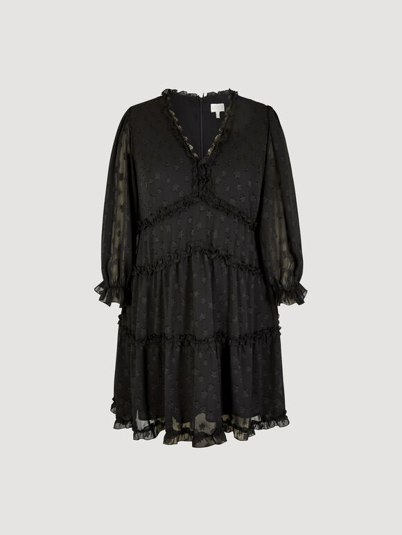 Curve Jacquard Star Chiffon Mini Dress, Black, large