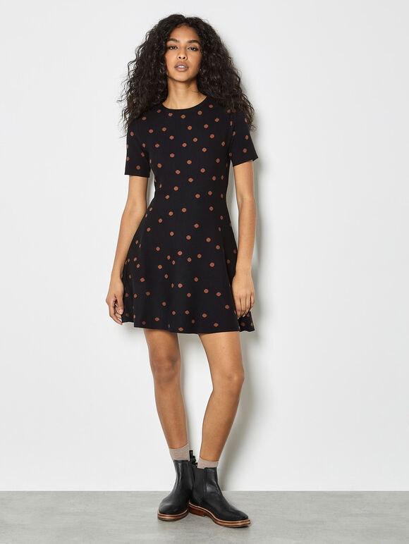 Polka Dot Knitted Shift Mini Dress, Black, large