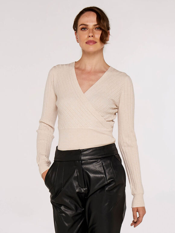 Wrap Ribbed Knitted Top, Stone, large