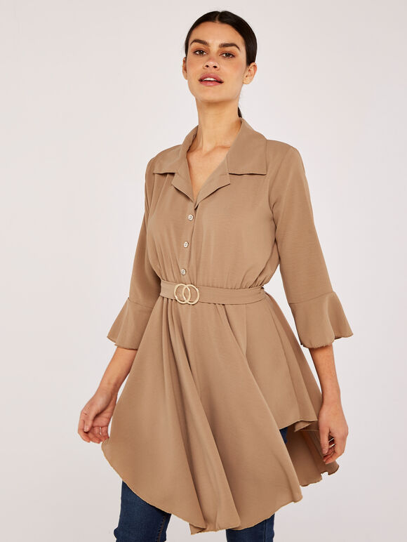 Flute Sleeve Circle Belt Shirt Dress, Stone, large