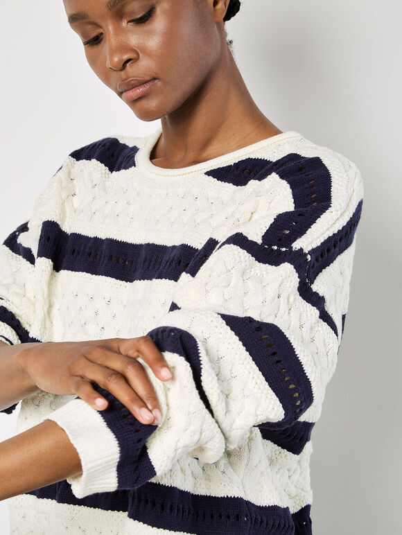 Cable Stripe Pointelle Jumper, White, large