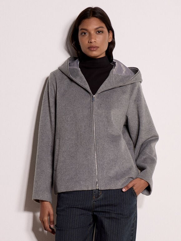 Wool-Look Hooded Jacket, Grey, large