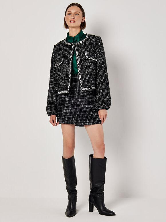 Tweed Cropped Jacket, Black, large