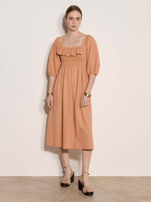 Ruffle Cotton Milkmaid Midi Dress, Peach, large