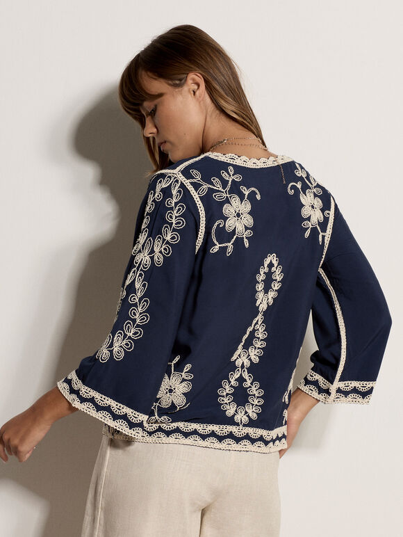 Embroidered Bell Sleeve Top, Navy, large