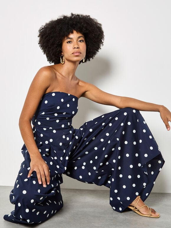 Polka Dot Bow Back Wide-Leg Jumpsuit, Navy, large