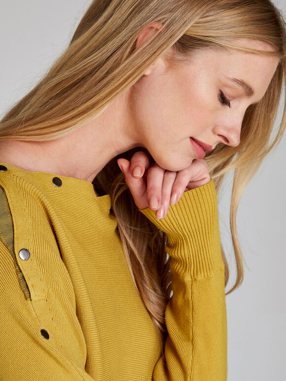 Slash Neck Popper Jumper, Mustard, large