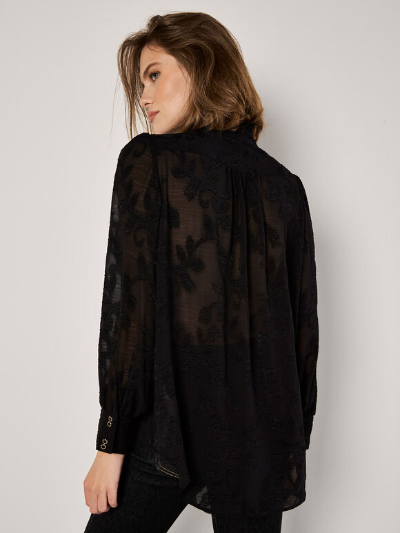 Embroidered Leaf Chiffon Blouse, Black, large