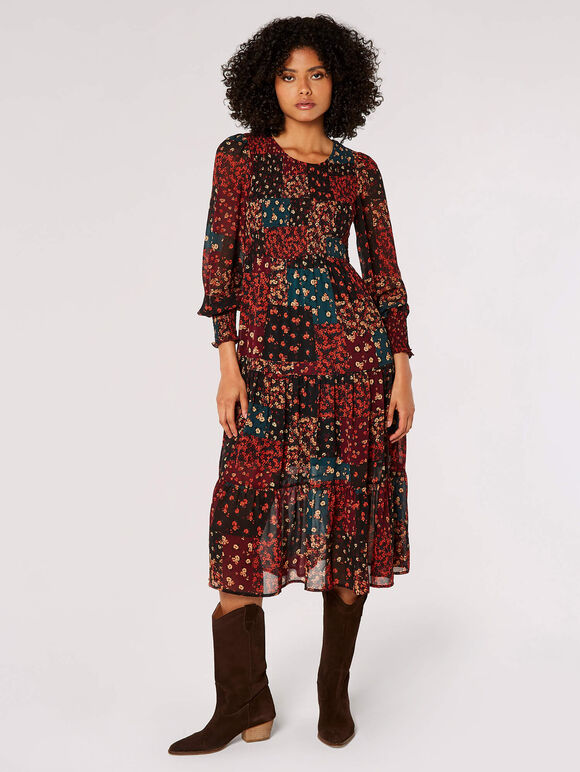 Patchwork Chiffon Midi Dress, Black, large