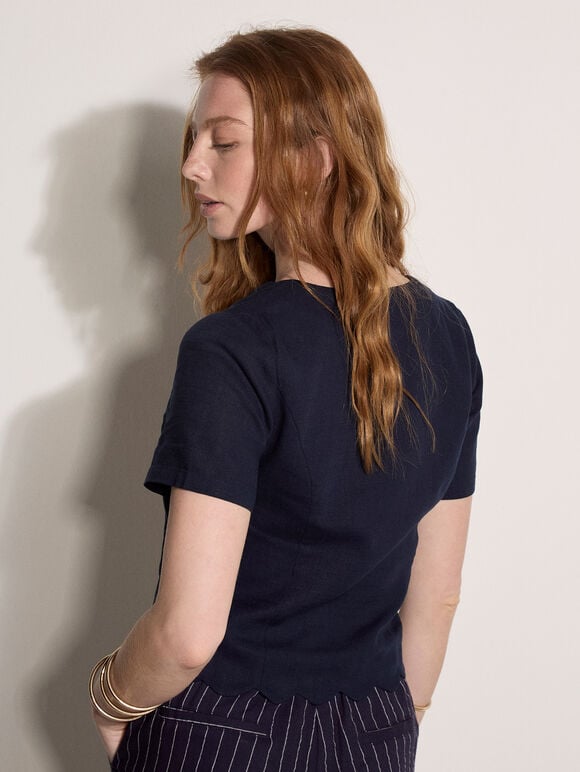 Linen Blend Tie-Up Top, Navy, large