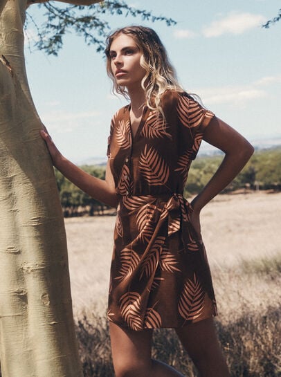 Tropical Leaf Wrap Mini Dress