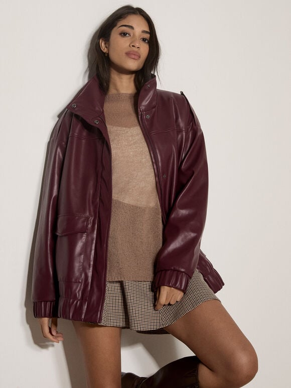 Oversized Faux Leather Jacket, Plum, large