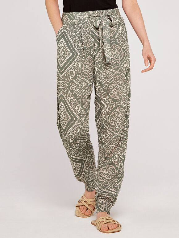 Aztec Print Belted Jogger, Khaki, large