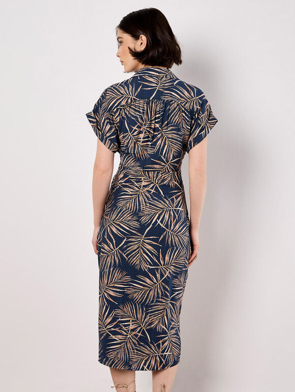 Palm Leaf Shirt Midi Dress, Navy, large