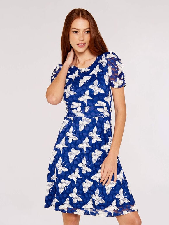 Butterfly Ruch Sleeve Dress, Blue, large