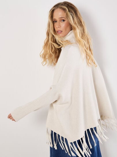 Roll Neck Fringe Poncho Jumper