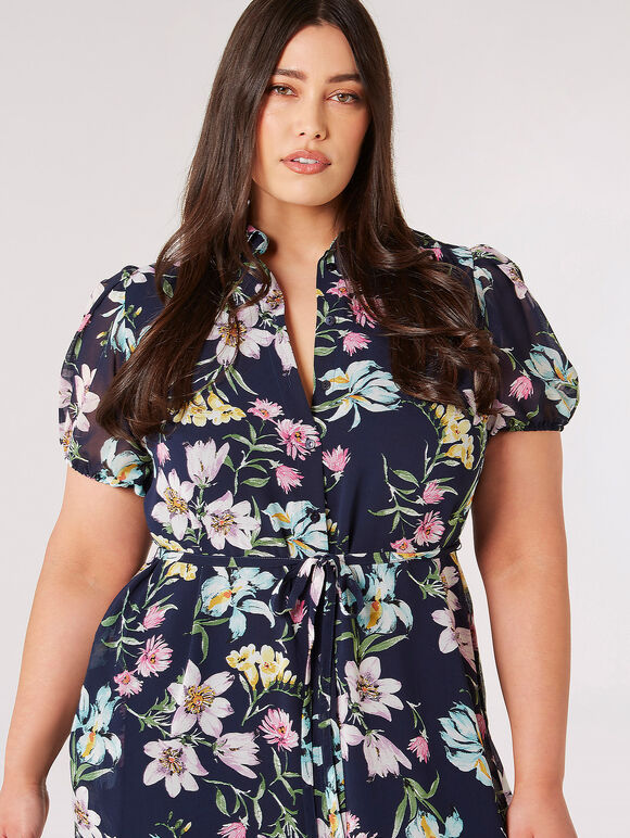 Robe mi-longue chemise florale graphique Curve, bleu marine, grand