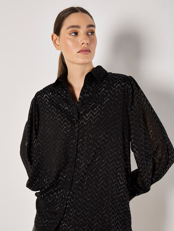 Jacquard Chevron Shimmer Shirt, Black, large