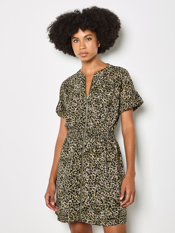 Leopard Print Zip-Down Mini Dress, Khaki, large