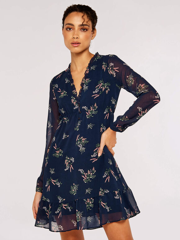 Floral Ruffle Mini Dress, Navy, large