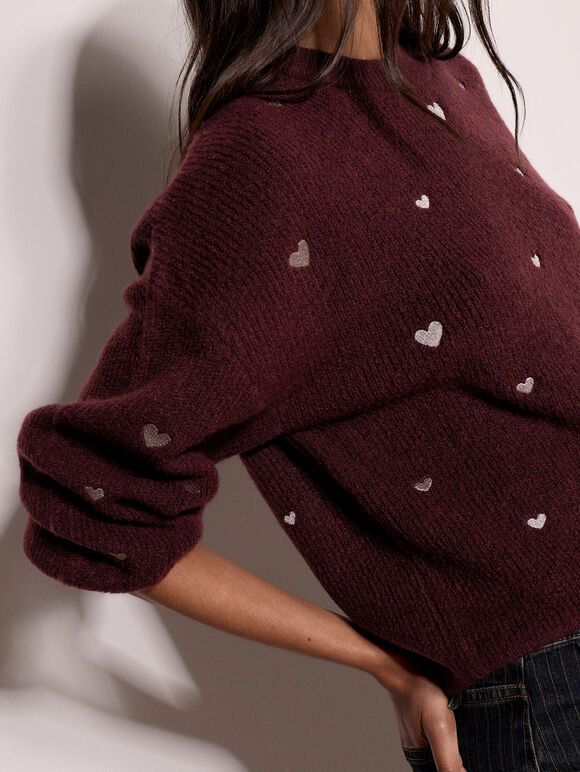 Embroidered Heart Jumper, Plum, large