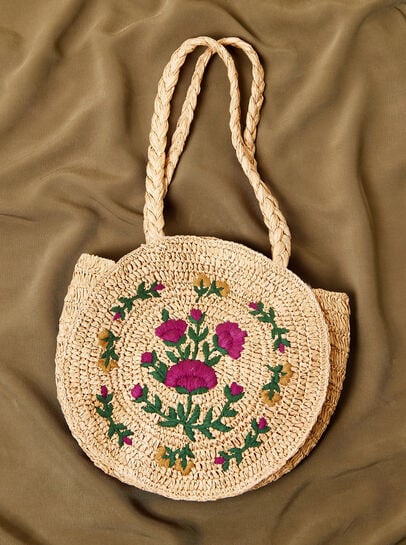 Floral Embroidered Round Straw Bag