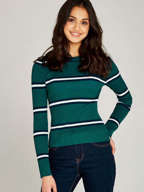 Three Stripe Crew Neck Jumper, Green, large